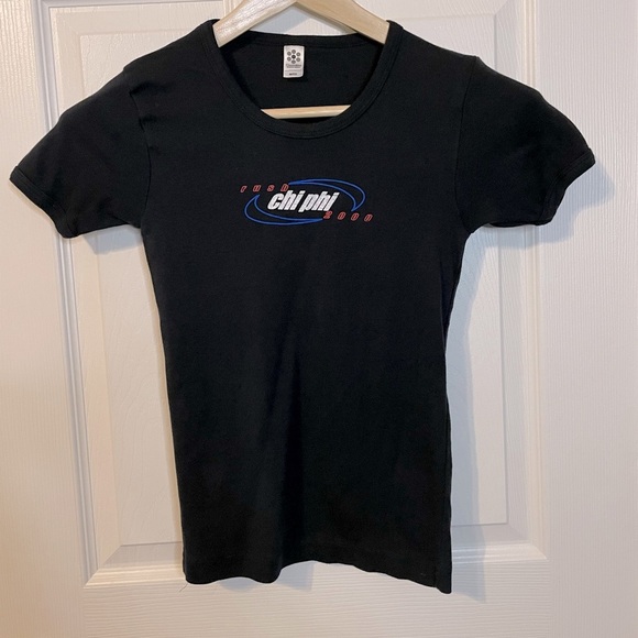 VTG Y2K American Apparel black fitted baby tee Chi Phi Rush 2000 sz M/OS - Picture 1 of 8